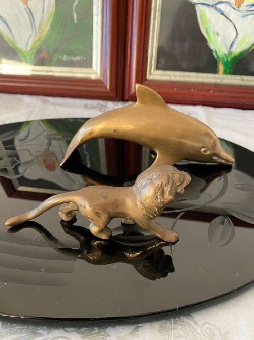 VINTAGE SOLID BRASS LARGE DOLPHIN and LION