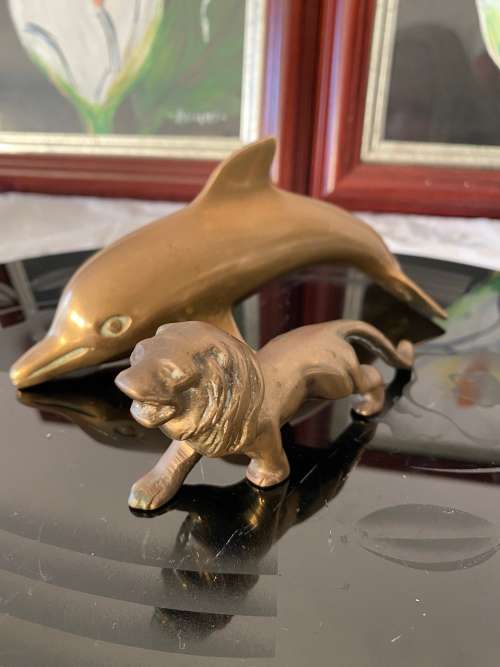 VINTAGE SOLID BRASS LARGE DOLPHIN and LION