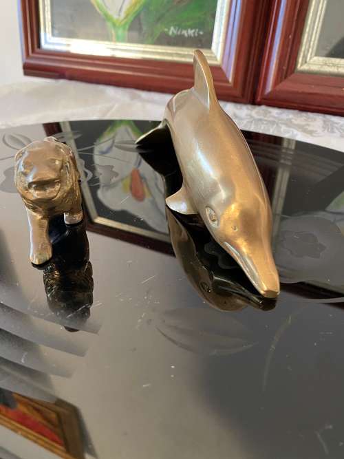VINTAGE SOLID BRASS LARGE DOLPHIN and LION