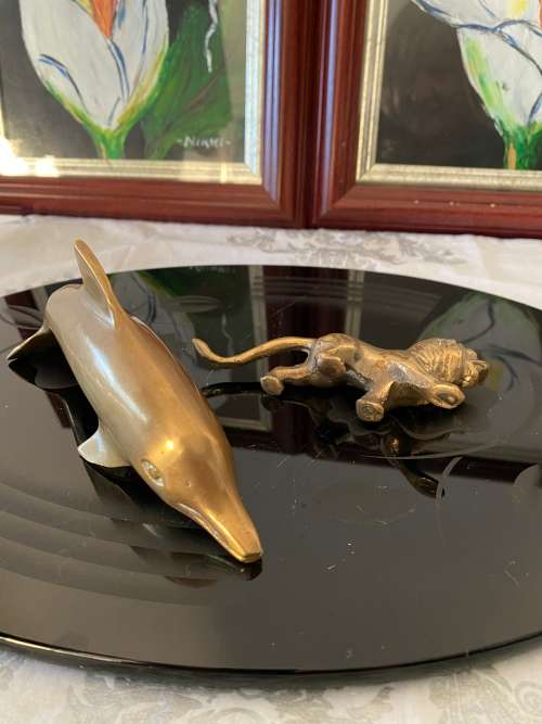 VINTAGE SOLID BRASS LARGE DOLPHIN and LION