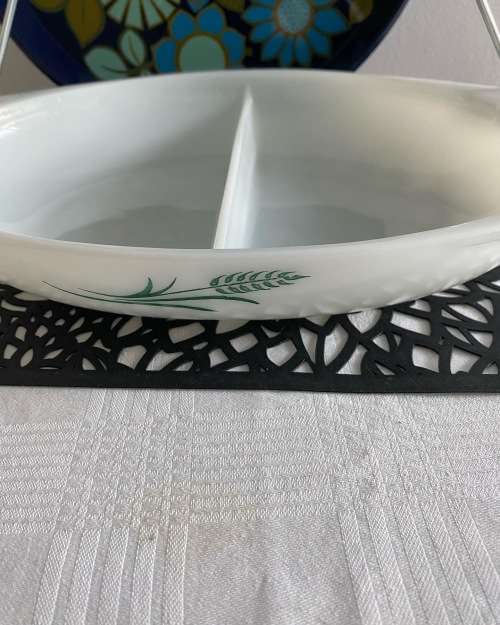 VINTAGE CROWN ENGLAND OVAL EMBOSSED TWO DIVISION VEGETABLE SERVING DISH WITH GREEN LEAF DESIGN