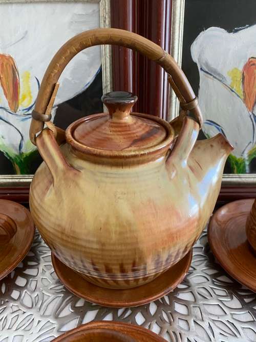 LIEBERMANN SA POTTERY SIGNED GLAZED TEAPOT 5 x CUPS and 6 x SAUCERS SET