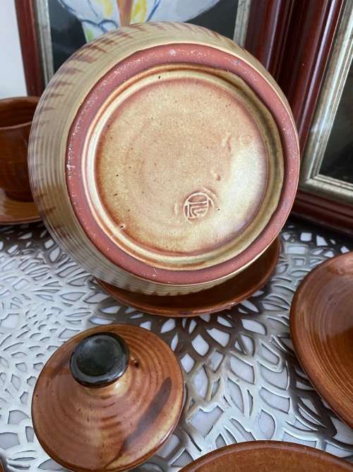 LIEBERMANN SA POTTERY SIGNED GLAZED TEAPOT 5 x CUPS and 6 x SAUCERS SET