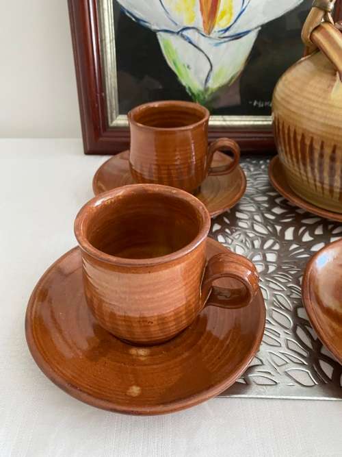 LIEBERMANN SA POTTERY SIGNED GLAZED TEAPOT 5 x CUPS and 6 x SAUCERS SET