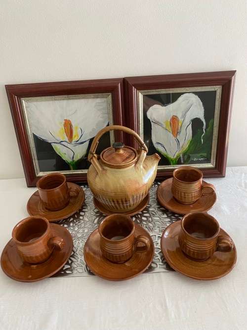 LIEBERMANN SA POTTERY SIGNED GLAZED TEAPOT 5 x CUPS and 6 x SAUCERS SET