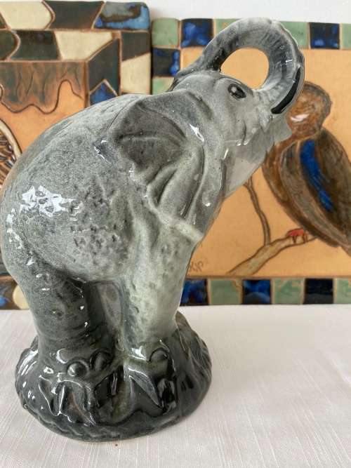 A DELIGHTFUL LARGE ELEPHANT BEAUTIFULLY GLAZED DECORATIVE UNSIGNED BIG FIVE FIGURE