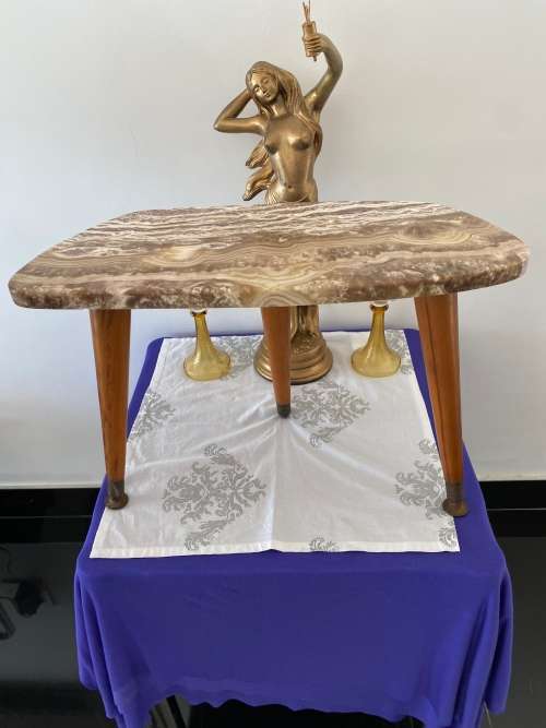 MID-CENTURY TRIPOD SIDE TABLE WITH GENUINE MARBLE TOP