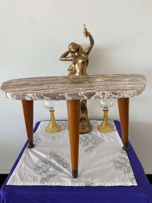 MID-CENTURY TRIPOD SIDE TABLE WITH GENUINE MARBLE TOP