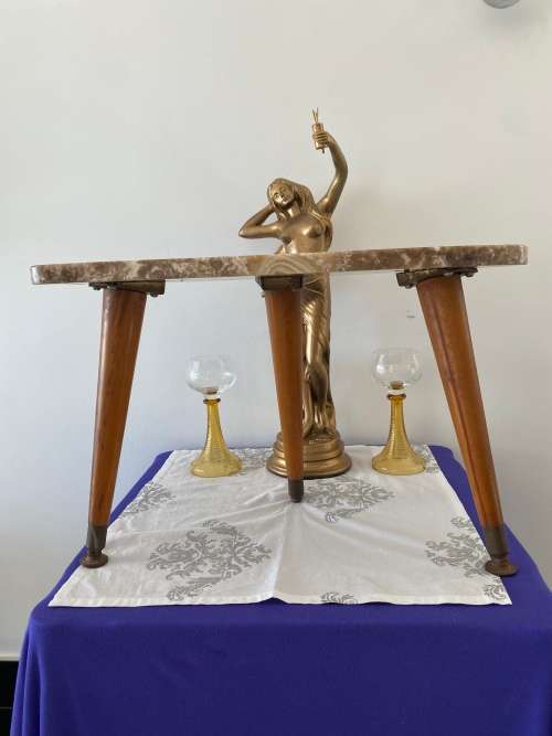 MID-CENTURY TRIPOD SIDE TABLE WITH GENUINE MARBLE TOP