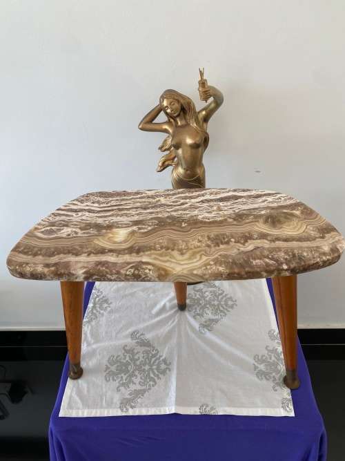 MID-CENTURY TRIPOD SIDE TABLE WITH GENUINE MARBLE TOP