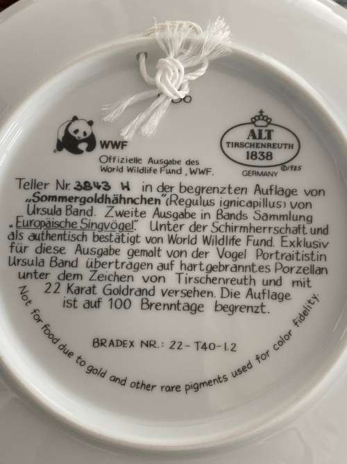 VINTAGE BY ALT TIRSCHENREUTH GERMANY SIGNED U. BAND and NUMBERED FOR WWF SET OF 7 x BIRD PLATES