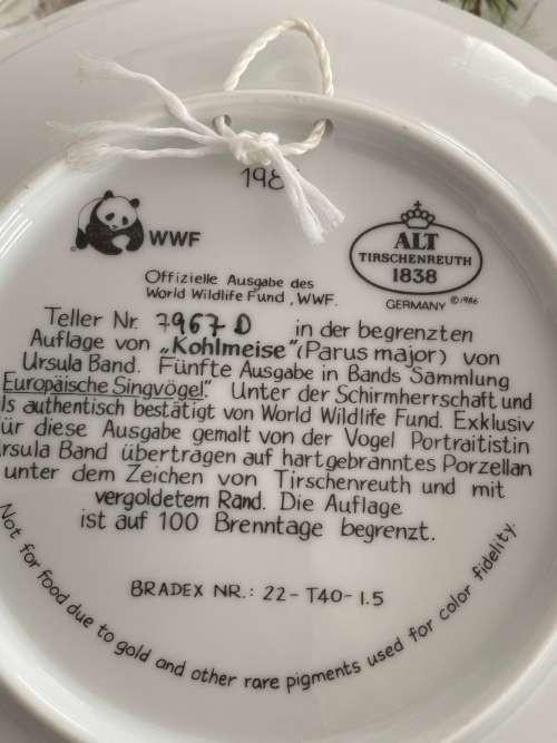 VINTAGE BY ALT TIRSCHENREUTH GERMANY SIGNED U. BAND and NUMBERED FOR WWF SET OF 7 x BIRD PLATES