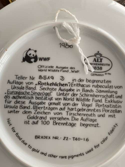 VINTAGE BY ALT TIRSCHENREUTH GERMANY SIGNED U. BAND and NUMBERED FOR WWF SET OF 7 x BIRD PLATES