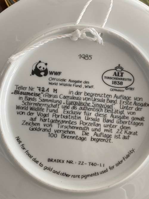 VINTAGE BY ALT TIRSCHENREUTH GERMANY SIGNED U. BAND and NUMBERED FOR WWF SET OF 7 x BIRD PLATES