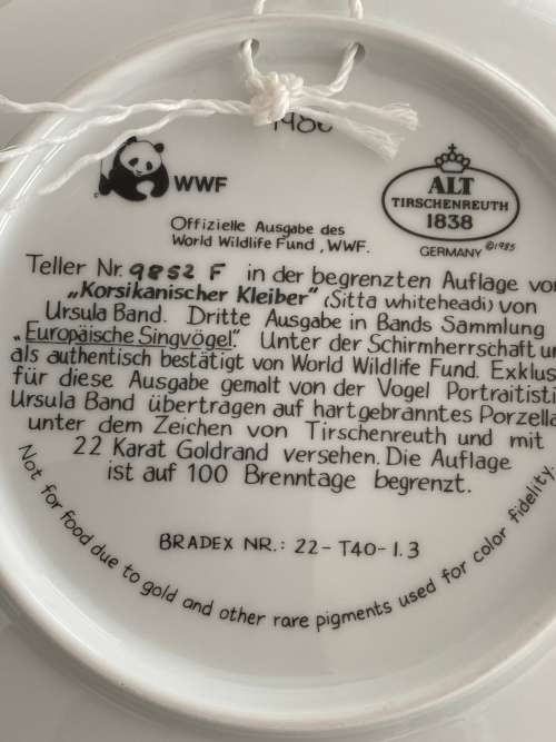 VINTAGE BY ALT TIRSCHENREUTH GERMANY SIGNED U. BAND and NUMBERED FOR WWF SET OF 7 x BIRD PLATES