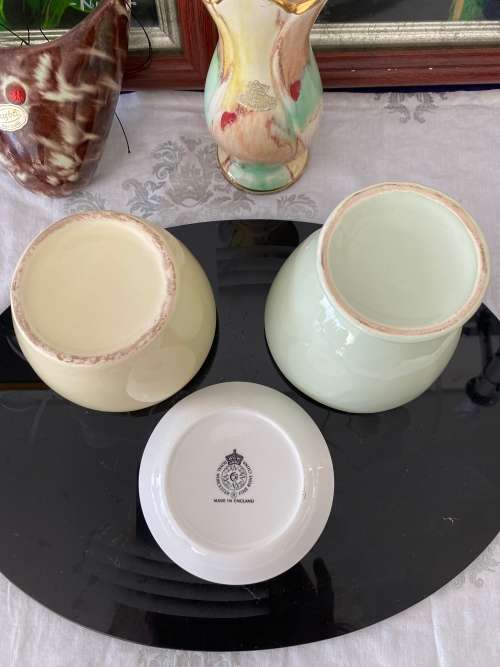 VINTAGE PORCELAIN PALE GREEN AND YELLOW VASES and ROYAL WORCESTER ENGLAND PORCELAIN PIN DISH