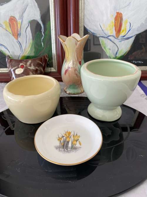 VINTAGE PORCELAIN PALE GREEN AND YELLOW VASES and ROYAL WORCESTER ENGLAND PORCELAIN PIN DISH