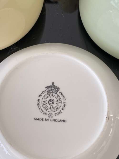 VINTAGE PORCELAIN PALE GREEN AND YELLOW VASES and ROYAL WORCESTER ENGLAND PORCELAIN PIN DISH