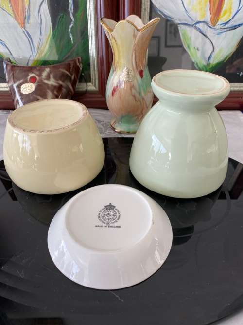 VINTAGE PORCELAIN PALE GREEN AND YELLOW VASES and ROYAL WORCESTER ENGLAND PORCELAIN PIN DISH