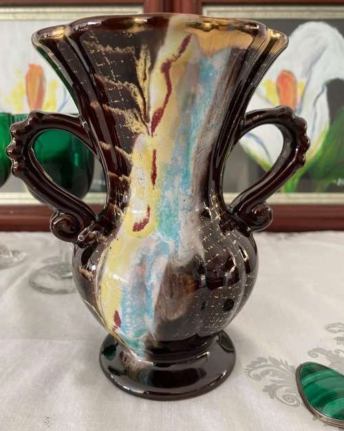 MID-CENTURY W.GERMANY STAMPED DOUBLE HANDLE GLAZED CERAMIC VASE