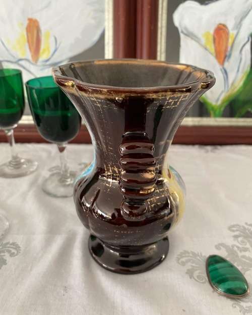 MID-CENTURY W.GERMANY STAMPED DOUBLE HANDLE GLAZED CERAMIC VASE