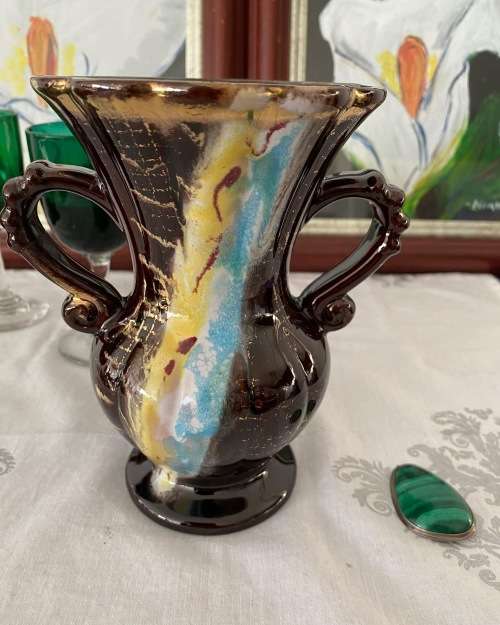 MID-CENTURY W.GERMANY STAMPED DOUBLE HANDLE GLAZED CERAMIC VASE