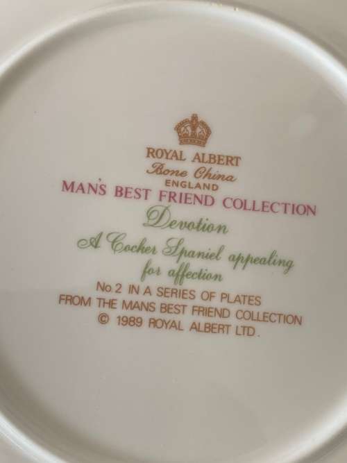 ROYAL ALBERT ENGLAND `DEVOTION` PLATE MAN`S BEST FRIEND COCKER SPANIEL NO.2 OF 1989 COLLECTION