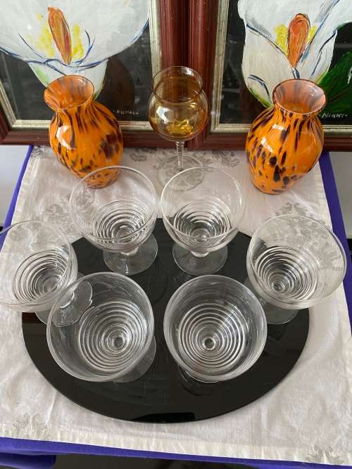 ART DECO 1930s STUART ENGLAND STAMPED CRYSTAL SET OF 6 x LARGE WINE GLASSES