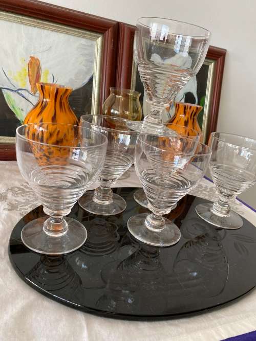 ART DECO 1930s STUART ENGLAND STAMPED CRYSTAL SET OF 6 x LARGE WINE GLASSES