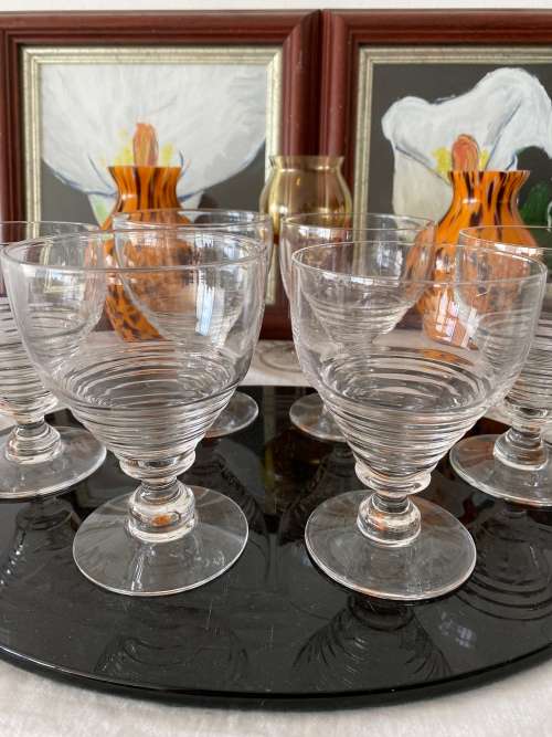 ART DECO 1930s STUART ENGLAND STAMPED CRYSTAL SET OF 6 x LARGE WINE GLASSES