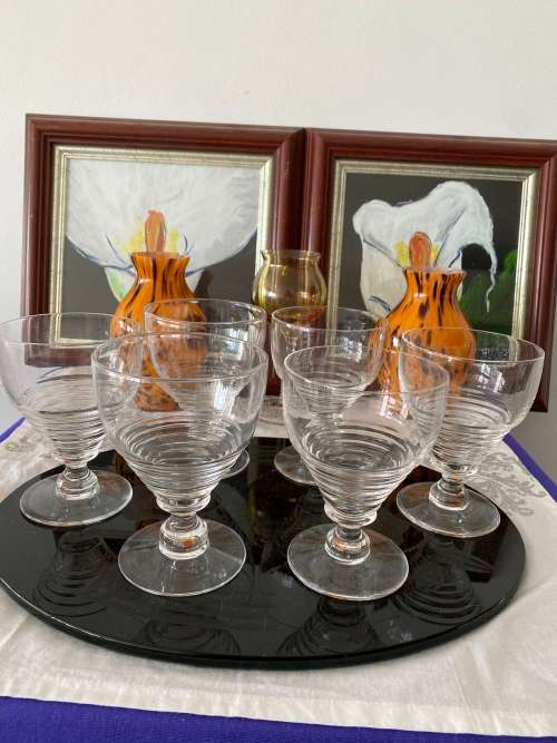 ART DECO 1930s STUART ENGLAND STAMPED CRYSTAL SET OF 6 x LARGE WINE GLASSES