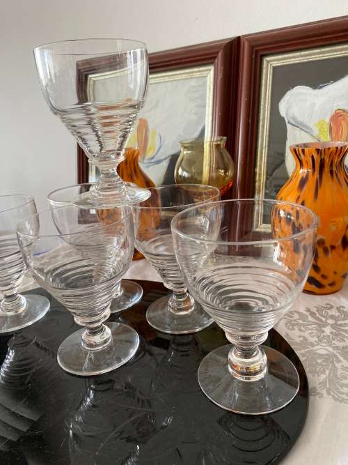 ART DECO 1930s STUART ENGLAND STAMPED CRYSTAL SET OF 6 x LARGE WINE GLASSES