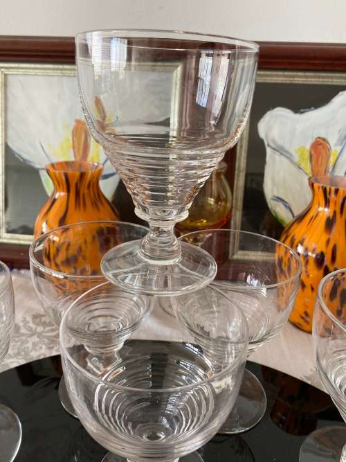 ART DECO 1930s STUART ENGLAND STAMPED CRYSTAL SET OF 6 x LARGE WINE GLASSES