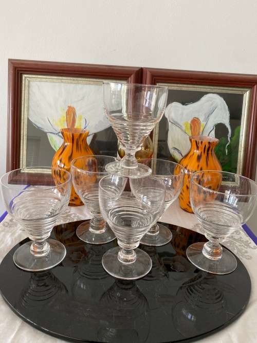 ART DECO 1930s STUART ENGLAND STAMPED CRYSTAL SET OF 6 x LARGE WINE GLASSES