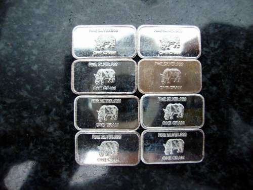 Lot of One Gram .999 Fine Silver Rhino Bars - 8 bars in total