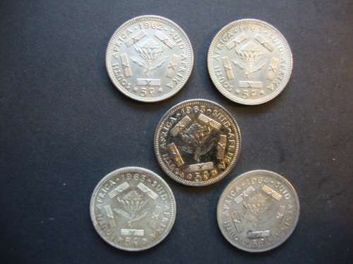 Lot of FIVE Silver Five Cent Coins (1 x 1962, 3 x 1963, 1 x 1964) - One bid takes all.