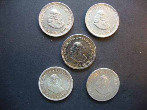 Lot of FIVE Silver Five Cent Coins (1 x 1962, 3 x 1963, 1 x 1964) - One bid takes all.