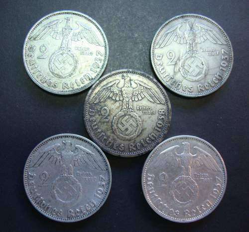 Lot of FIVE Silver German 2 Mark Coins