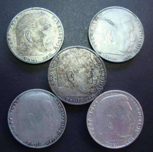 Lot of FIVE Silver German 2 Mark Coins