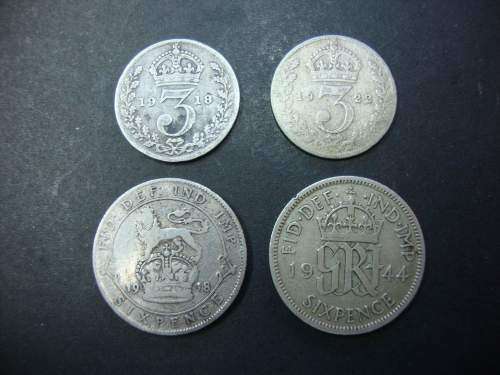 Lot of FOUR Silver British Coins - 2 x Three Pence & 2 Six Pence - ONE BID TAKES ALL FOUR COINS.