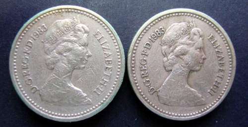 Lot of TWO 1983 British One Pound Coins - ONE BID TAKES BOTH COINS.