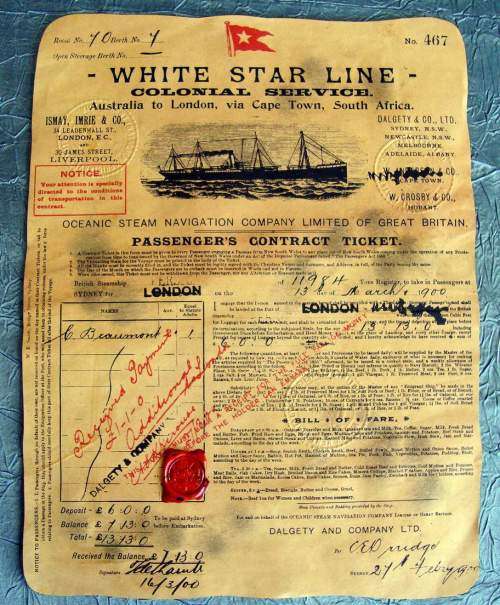 Ships Ticket / Boarding Pass (Replica) - White Star Line 1900