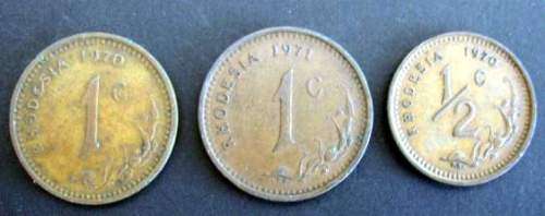 Lot of THREE Rhodesia coins (1 x 1970 1c, 1 x 1971 1c and 1 x 1970 Half Cent) - One Bid takes all.