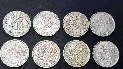 Lot of 8 Great Britain Sixpence coins - 1948, 1950, 1953, 1955, 2 x 1961, 1962 and 1967