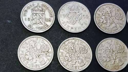 Lot of 8 Great Britain Sixpence coins - 1948, 1950, 1953, 1955, 2 x 1961, 1962 and 1967