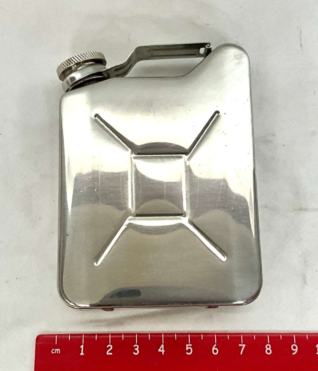 Quirky stainless steel hip flask in the shape of a jerry can - fuel for thought!