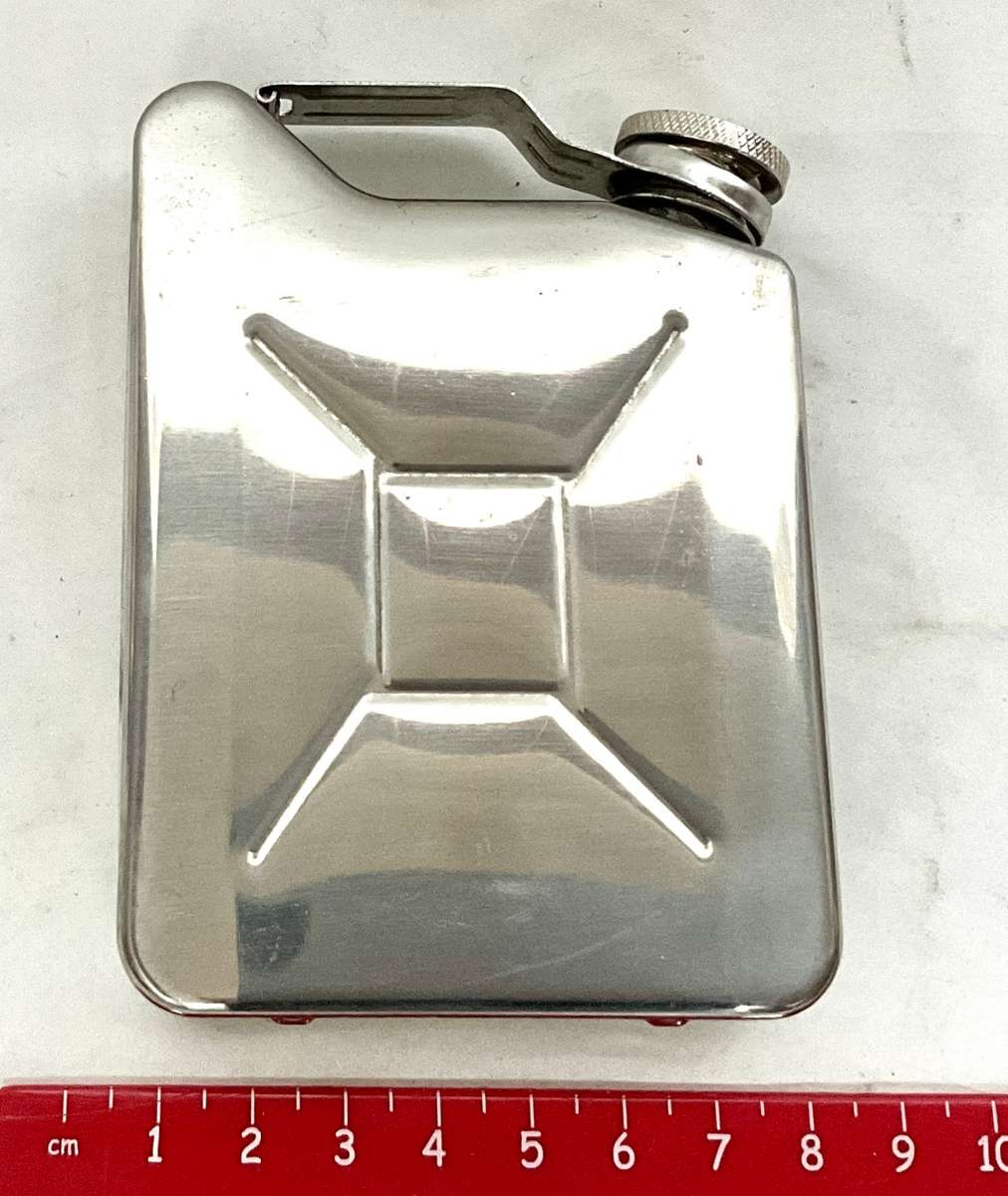 Quirky stainless steel hip flask in the shape of a jerry can - fuel for thought!