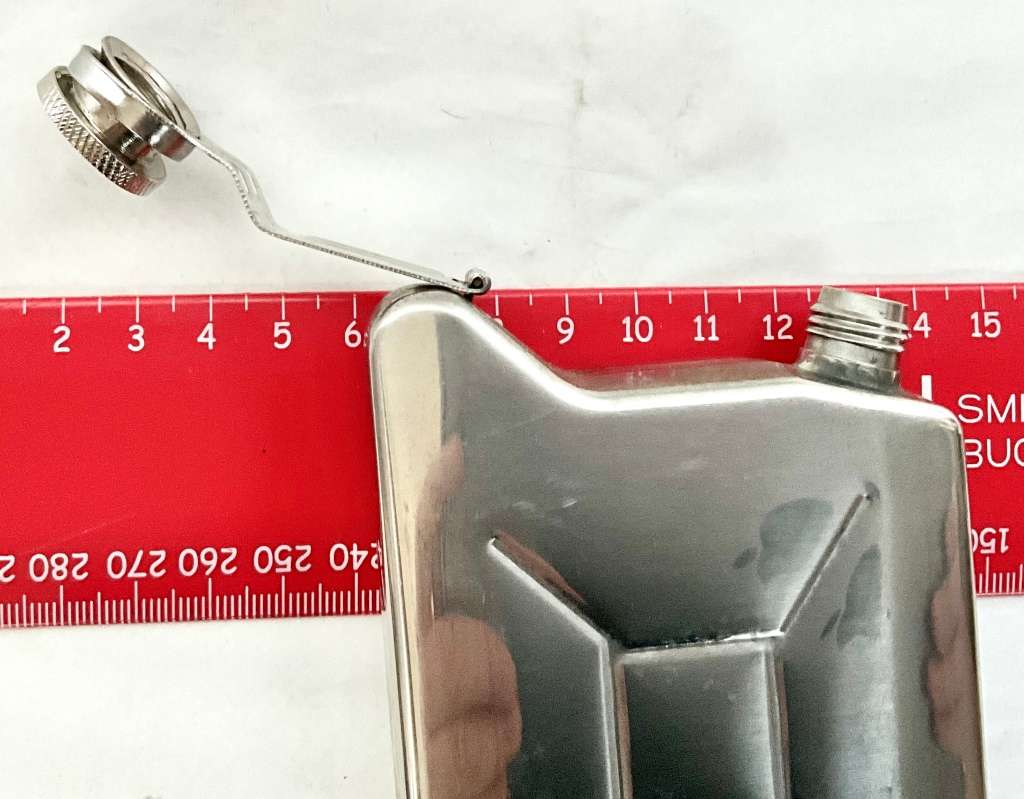 Quirky stainless steel hip flask in the shape of a jerry can - fuel for thought!
