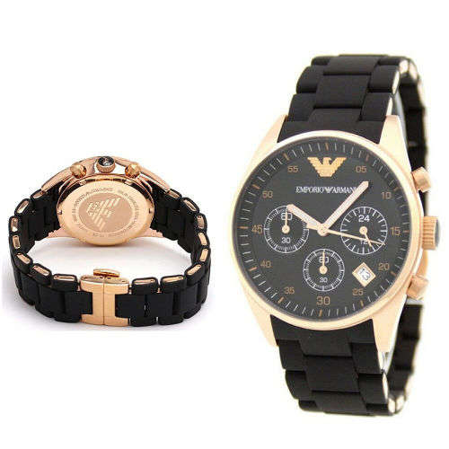 NEW LADIES EMPORIO ARMANI AR5906 BLACK/ ROSE GOLD SPORTIVO CHRONOGRAPH WATCH 100% AUTHENTIC