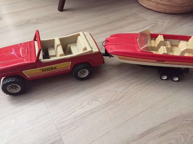 Vintage Tonka Jeep, Boat and trailer